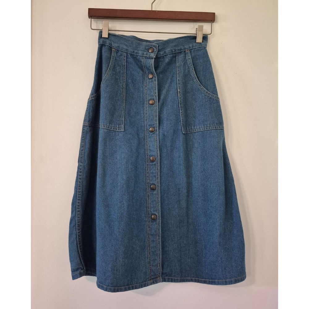 Vintage Full Button Denim Midi Skirt Front Pockets 9/10 70s Cottagecore Prairie
